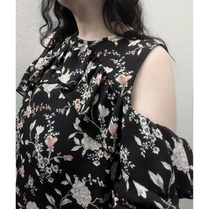 Floral Print Cold Shoulder Blouse w/ Ruffles - Gothic Bohemian, Hippie, Boho